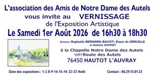 Invitation au vernissage de l'exposition à la chapelle Notre-Dame des Autels à Hautot en août 2026